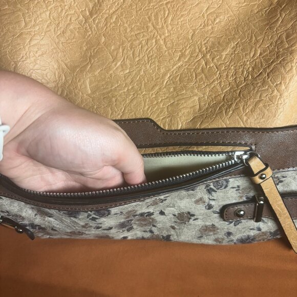 Neutral Tan Brown Blue Floral Tote Bag with Pockets and Zip Close 14x15in - Picture 3 of 8